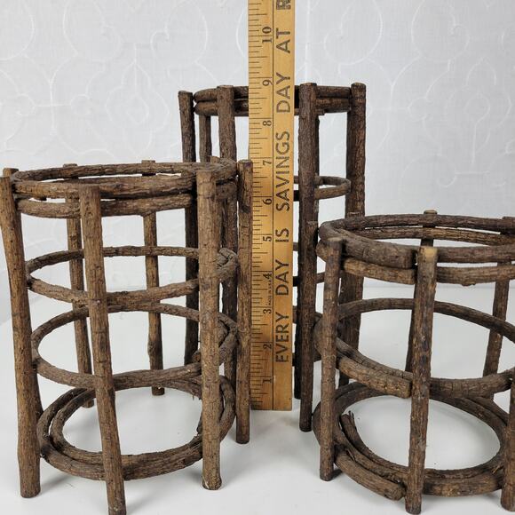 VINTAGE Handmade Candle Holders Brown Primitive Wooden Stick Home Decor Set of 3 - Picture 13 of 15